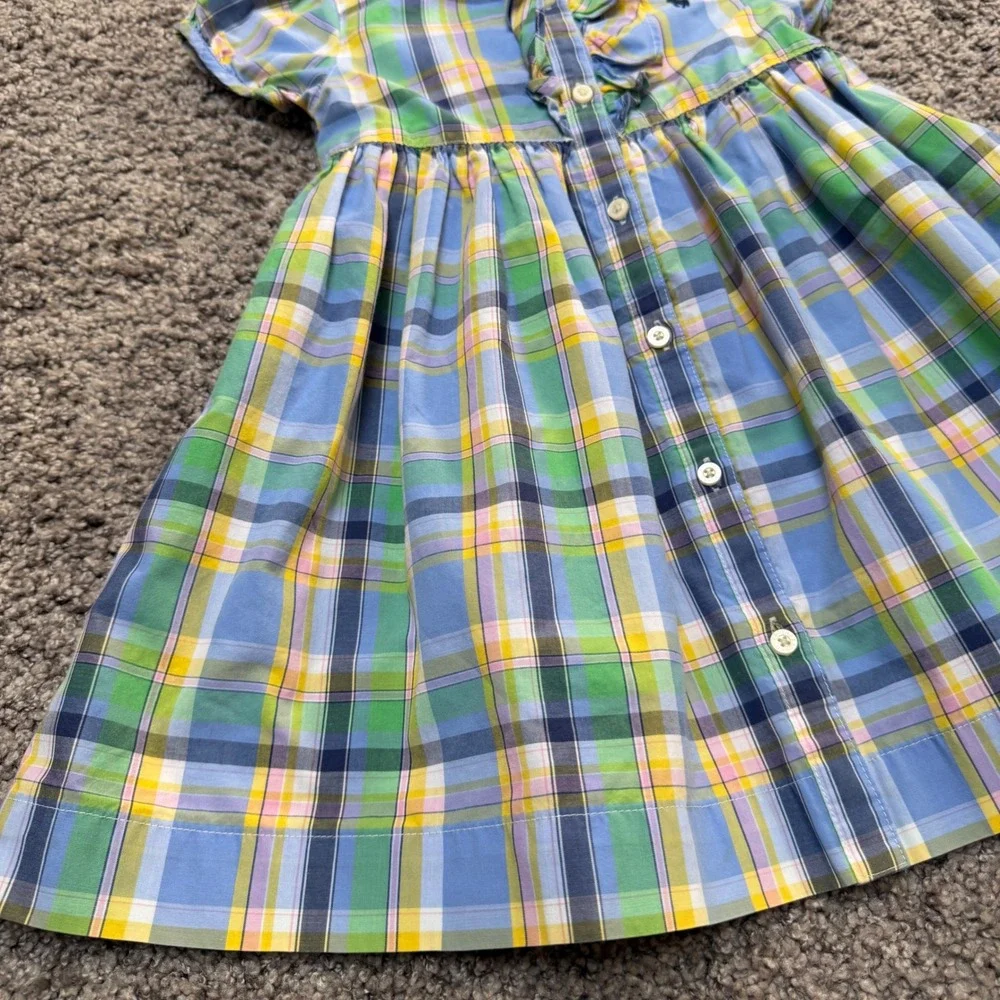 Excellent Ralph Lauren Plaid Ruffle Shirt Dress Tie Waist Pastel Girls Size 24M